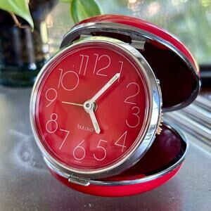 Vintage 1960s Bulova Red Travel Alarm Clock – Folding Round Case, Made in Japan